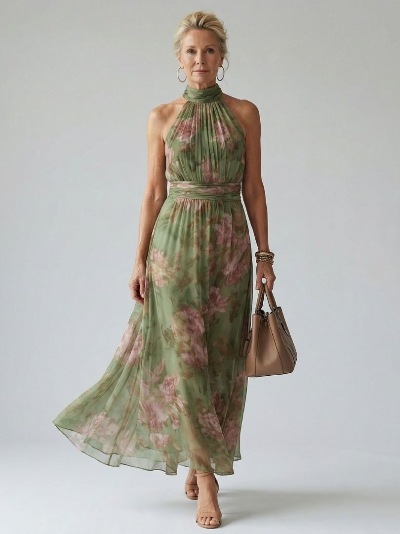Mirelle | Robe midi plissée à col halter